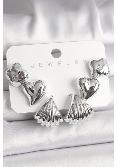 Gümüş Renk Yonca Kalp Deniz Kabuğu Figür Ccb Kadın Küpe Seti Çok Renkli