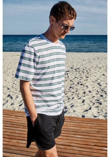 WOODY Erkek %100 Pamuk Nakış Detaylı Bisiklet Yaka Çizgili Regular Fit Beyaz-Yeşil Çizgili T-Shirt