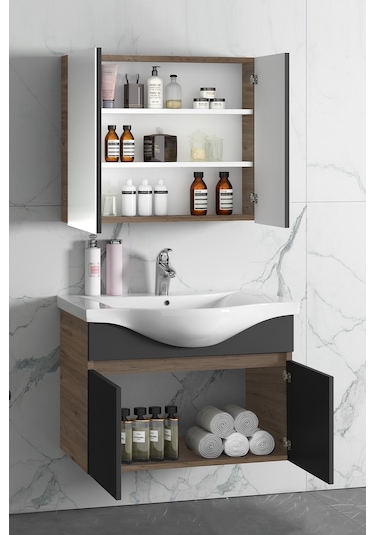 Yıldız 80+35 Cm Atlantik Çam-Antrasit Gri Mat Mdf Seramik Lavabol Antrasit - Atlantik Çam