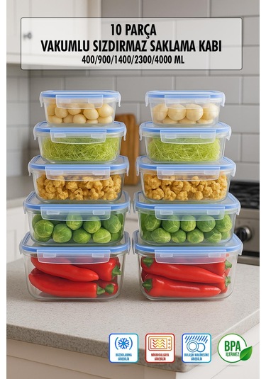 Dikdörtgen 10 Parça Contalı Vakumlu Sızdırmaz Hava Almaz Saklama Kabı Seti 2x 4000/2300/1400/900/400 Ml Şeffaf - Beyaz