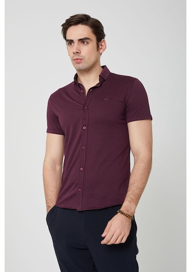 Coonless Erkek Kısa Kol Slim Fit Gömlek Bordo Beyaz