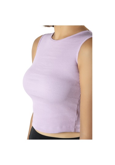 Lila Fitted/vücuda Oturan Crop Halter Yaka Fitilli Esnek Örme Bluz Atlet LILA