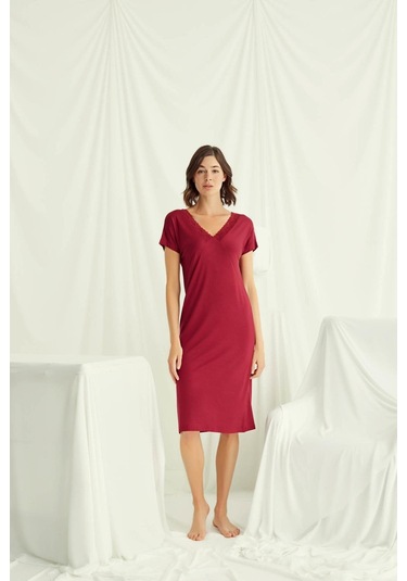 Monamise 18518 Kadın V Yaka Dantelli Düğmeli Kısa Kollu Gecelik-kırmızı Kırmızı