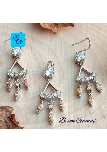 Üçlü Sitrin Taş Sallantılı Set Rose Gold - Gümüş