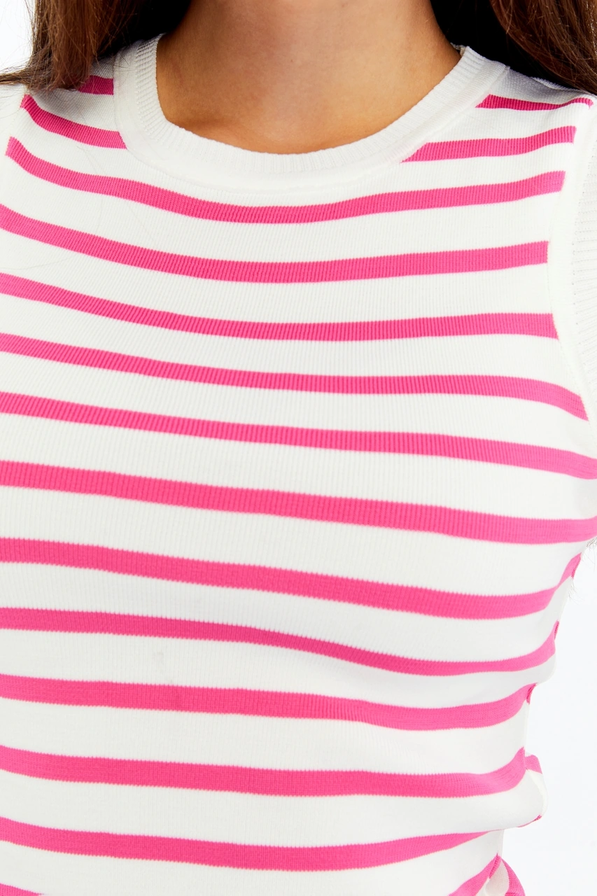 Kadın Çizgili Triko Kare Yaka Crop Atlet Pembe Beyaz Askılı Bluz Pembe