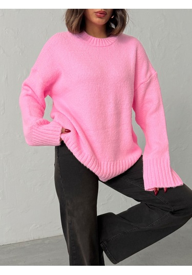 Kadın Yumuşak Dokulu Bisiklet Yaka Oversize Basic Triko Kazak Pembe