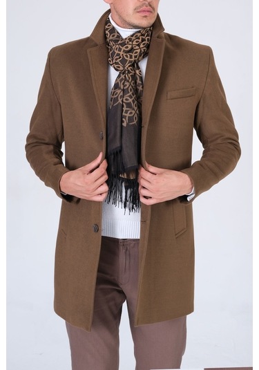 Slimfit V Yaka Kışlık Camel Kaşe Kaban Palto-Camel