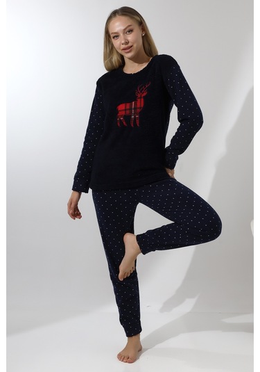 Fawn 5016 Peluş Welsoft Polar Kışlık Yumoş Geyikli Kadın Pijama Takımı Kırmızı