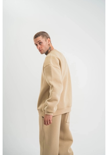 Erkek Uzun Kol Bisiklet Yaka 3 İplik Pamuklu Kışlık Sweatshirt - Bej Bej