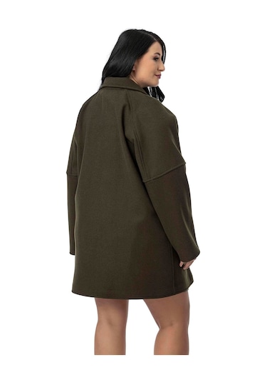 Büyük Beden Gömlek Yaka Reglan Kollu Torba Cepli Astarsız Kaşe Kısa Haki Kaban Haki