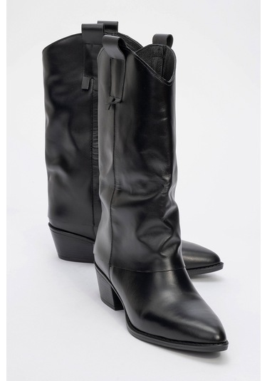 Sojo Siyah Cilt Hakiki Deri Kalın Topuklu Kısa Çizme Siyah Mat