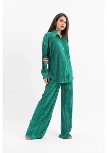 Düğme Detaylı Örme Pilise Takım - Yeşil-yeşil Yeşil