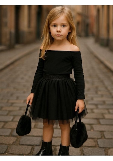 Kız Çocuk Beli Lastikli Tütü Etek-16227 Siyah
