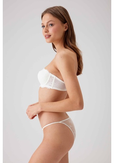 Kadın Ekru 4034 Balenli Desteksiz Straplez Sütyen Takım Ekru