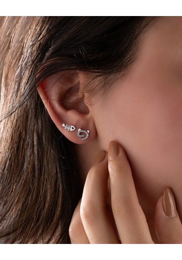 925 Ayar Rodyum Zirkon Taşlı Kedi Ve Balık Sevimli Minimal Gümüş Küpe