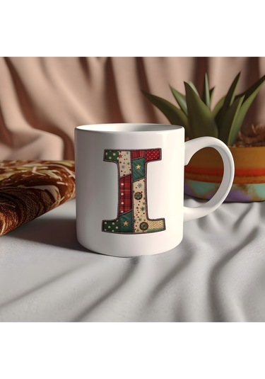 I Harfi Yılbaşı Temalı Kupa Bardak - Yeni Yıl Konsept Yamalı Efekt Tasarım - Noel Hediye Beyaz