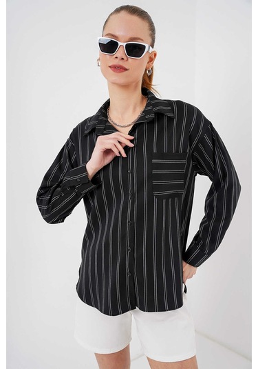 Gabria Çizgili Tek Cep Gömlek Siyah