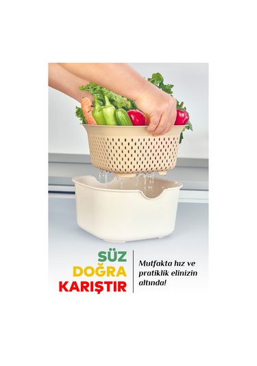 9'lu Mutfak Hazırlık Seti - Yatay Standlı Kulplu Kesme Tahtası Karıştırma Kabı Süzgeç Limon Sıkacağı Bej