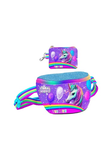 Coral High Kız Çocuk Mor Simli Unicorn Desenli Bel Çantası Ve Bozuk Para Cüzdanı Set Çok Renkli