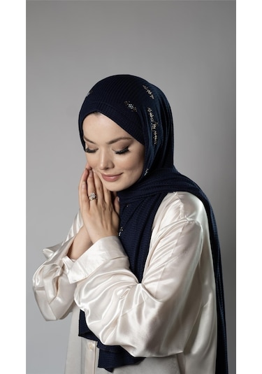 Lacivert Pratik Hazır Geçmeli Tesettür Şal Örme Kumaş Taşlı Çiçek Desenli 2118c 02