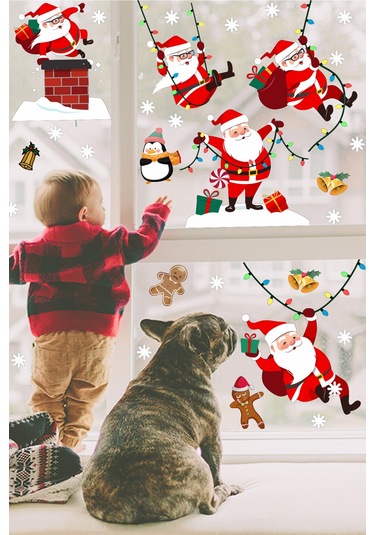 Yılbaşı Sticker  Sevimli Noel Baba ve Kar Taneleri Pencere Duvar Süsü