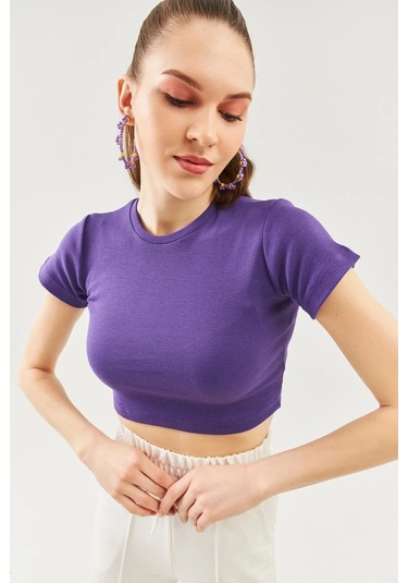 Kadın Kısa Kol Bisiklet Yaka Vücuda Oturan %100 Pamuklu Kaşkorse Esnek Crop Bluz Mor