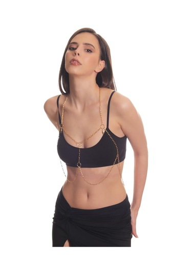 Kadın Altın Renk Lak Kaplama Yuvarlak Parçalı Ayarlanabilir Vücut Zinciri, Vücut Kolyesi Altın