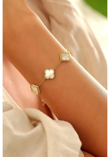 Gold Sedef Doğal Taşlı Premium Çelik Bileklik  Gold