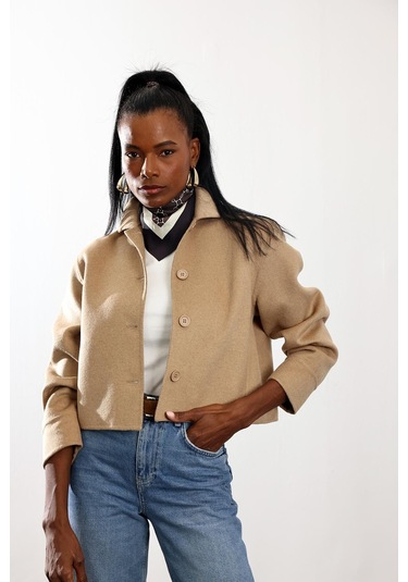 Camel Gömlek Yaka Kısa Yün Ceket CAMEL