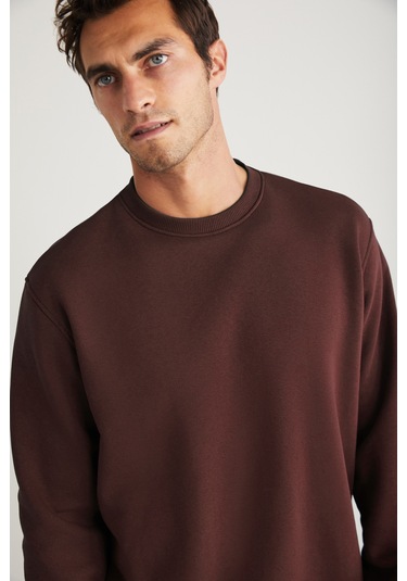 Grımelange Travıs Erkek Organik Kumaşlı Yumuşacık Regular Fit Yuvarlak Yakalı Koyu Kahverengi Sweats Koyu Kahverengi