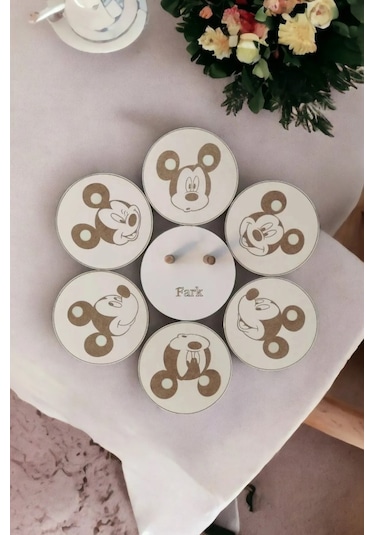 Ahşap Bardak Altlığı Miki Mouse Dekoratif Silinebilir 6'lı Set Beyaz