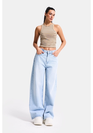 Itsbasic Kadın Ice 4s6-3 Süper Baggy Fit Bol Kesim Orta Bel Denim Jean Buz Mavi