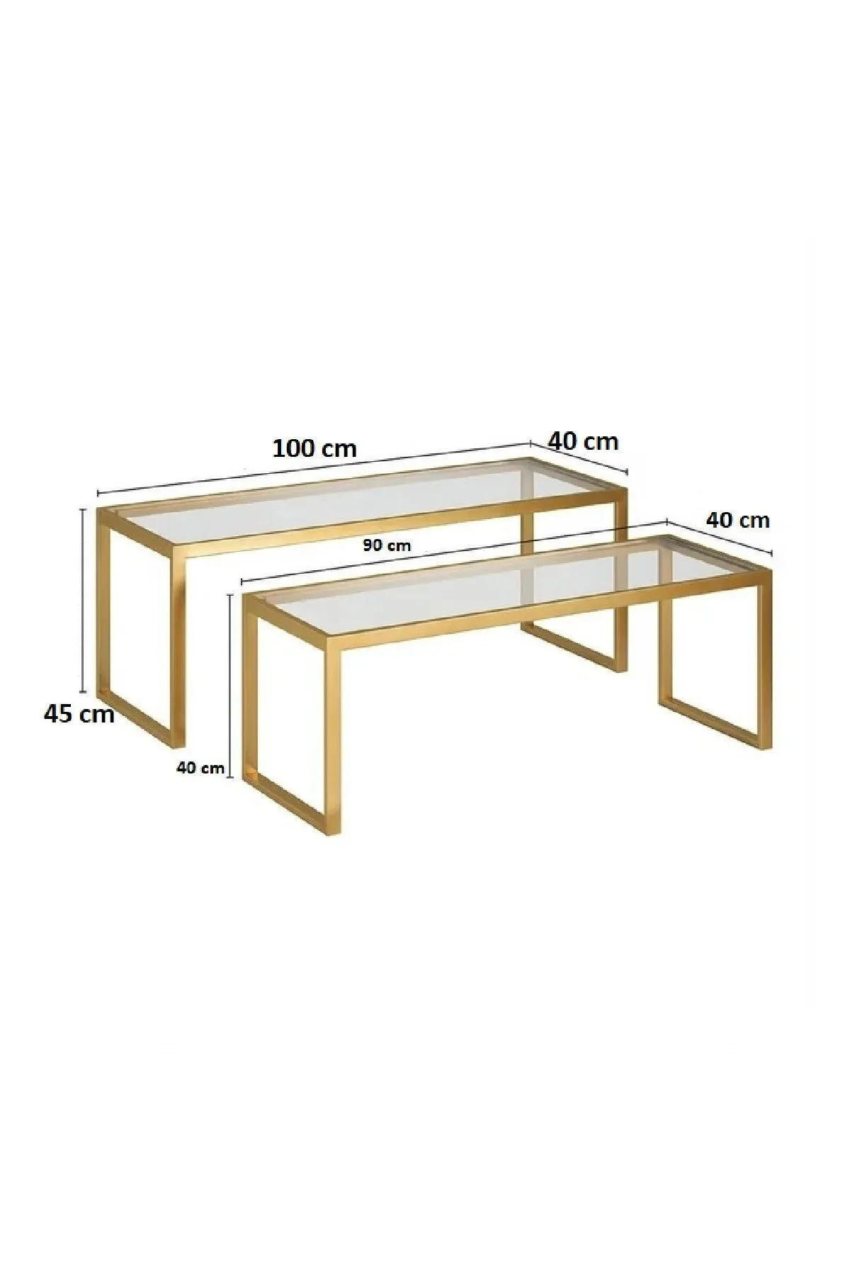 Modern 2 Li Metal Iskeletli Temper Camlı Zigon Orta Sehpa Gold-şeffaf