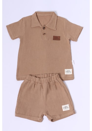 Erkek Bebek Şortlu Takım Polo Yaka Düğmeli Düz Renk E8 kahverengi