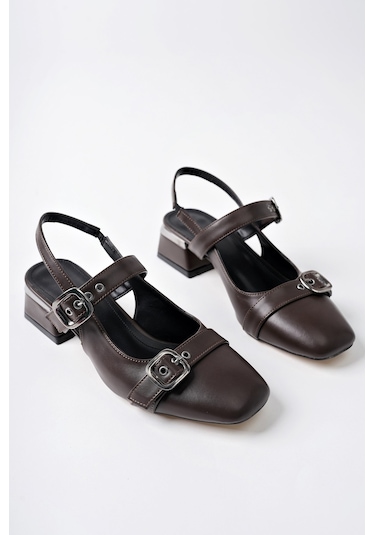 Muggo Yuqi Arkası Açık Küt Burun Çift Kemerli Kadın Günlük Klasik Kısa Topuklu Ayakkabı Kahverengi