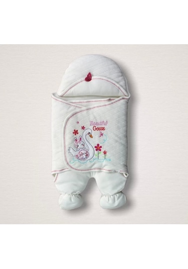 Yenidoğan Çiçekli Ördek Nakışlı Şapkalı Kız Bebek Ayaklı Kundak Bebek Battaniyesi Ekru Ekru