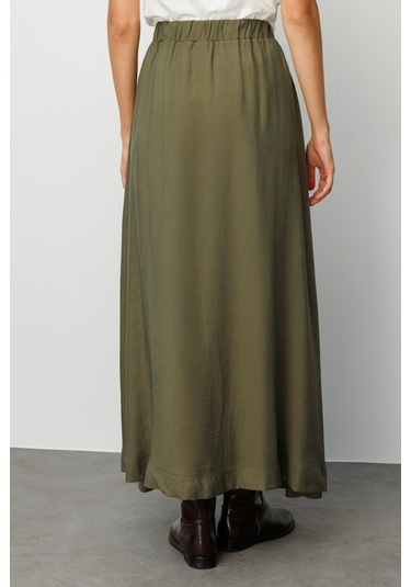 Mizalle Modal Karışımlı Haki Beli Lastikli Maksi Etek Haki