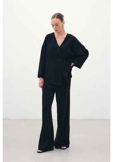 Sateen Düğmeli Kimono - Siyah Siyah