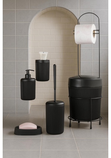 6 Parça Banyo Seti Çöp Kovalı Tuvalet Kağıtlığı-tuvalet Fırçası-sıvı Ve Katı Sabunluk-diş Fırçalık Siyah