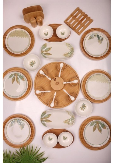 Atbyhome Dawn 6 Kişilik 42 Parça Doğal Bambu Porselen Kahvaltı Takımı Kahvaltı Seti Sunum Seti Beyaz