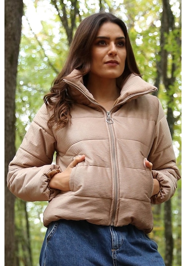 Kadın Yüksek Yaka Cepli Kışlık Kadife Mont Dpnb7154 Bej