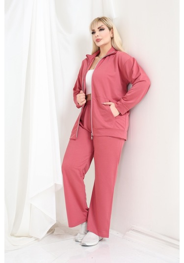 Kadın Büyük Beden Fermuarlı Uzun Kollu Rahat Günlük Eşofman Takım Pembe