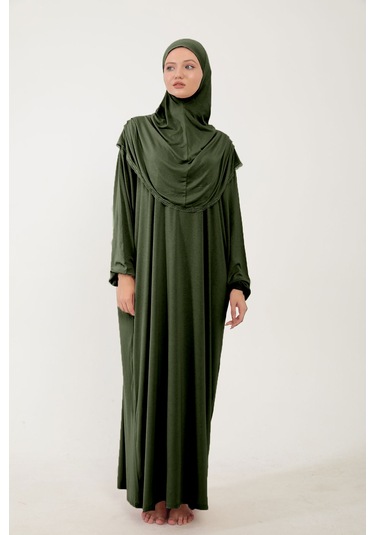 Kadın Tesettür Pamuklu Başörtülü Namaz Elbisesi Dantelli Tek Parça Penye Kumaş Haki