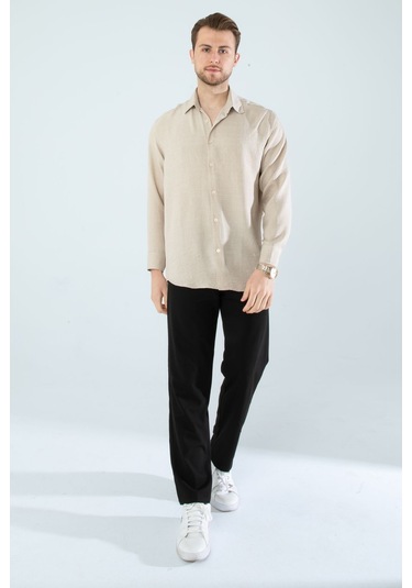 Rahat Kesim Keten Dokulu Gömlek Bej