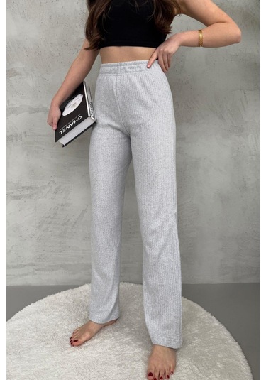 Kadın Gri Yüksek Bel Fitilli Bol Paça Günlük İnce Eşofman Altı Gri