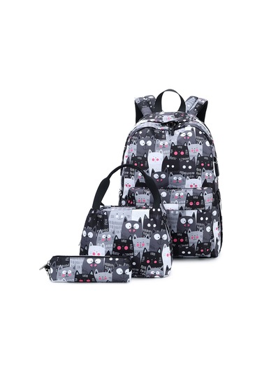 "3 Adet 2025 Baskılı Büyük Kapasiteli Öğrenci Okul Çantası-Siyah