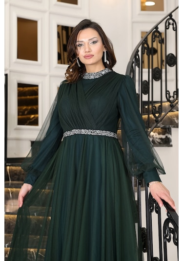 Senna Taş Detaylı Büyük Beden Şık Tesettür Abiye Zümrüt