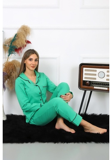 Akbeniz Kadın Pamuk Penye Önden Düğmeli Uzun Kol Yeşil Pijama Takım 2782-yesil Yeşil