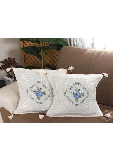 Kanaviçe İşlemeli 2 Li Kırlent Kılıfı Gül Demet-mavi Renk