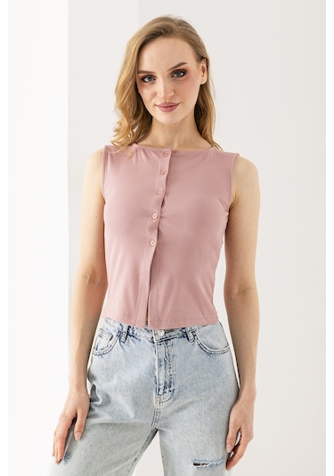 Giysa Kadın Bisiklet Yaka Düğmeli Fitilli Body Pembe - 25y 2457 Şeker Pembe